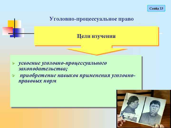 Слайд 13 Уголовно-процессуальное право Цели изучения Ø Ø усвоение уголовно-процессуального законодательства; приобретение навыков применения