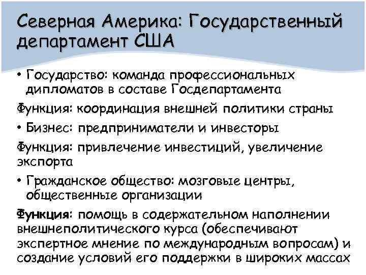 Северная Америка: Государственный департамент США • Государство: команда профессиональных дипломатов в составе Госдепартамента Функция:
