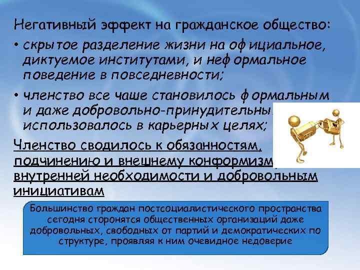 Негативный эффект на гражданское общество: • скрытое разделение жизни на официальное, диктуемое институтами, и