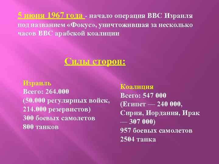 5 июня 1967 года - начало операция ВВС Израиля под названием «Фокус» , уничтожившая