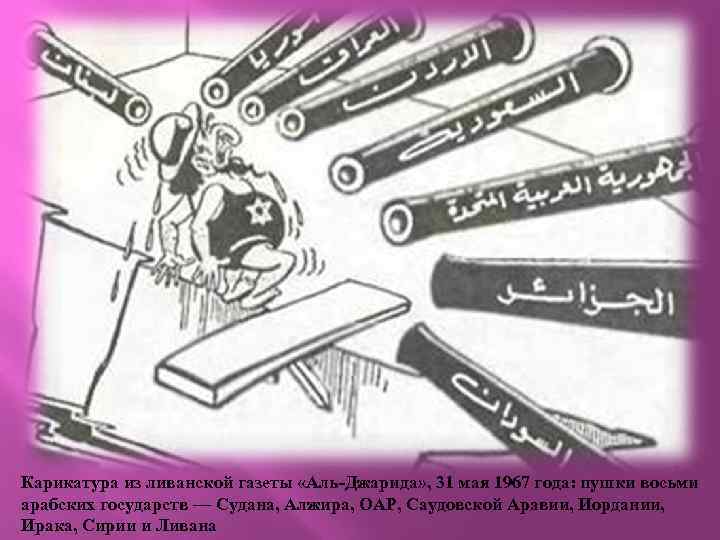 Карикатура из ливанской газеты «Аль-Джарида» , 31 мая 1967 года: пушки восьми арабских государств