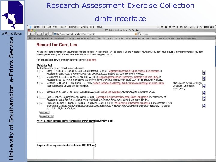 Research Assessment Exercise Collection draft interface 