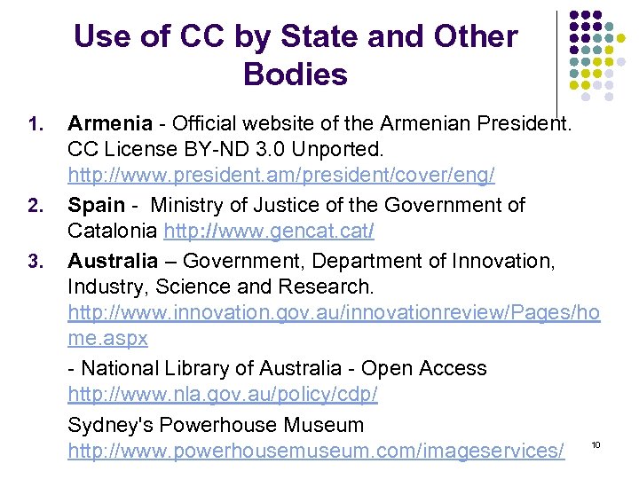 Use of CC by State and Other Bodies 1. 2. 3. Armenia - Official