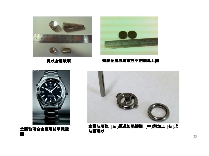 塊狀金屬玻璃合金應用於手錶鏡 面 薄膜金屬玻璃鍍在不銹鋼塊上面 金屬玻璃柱 (左 )經過加熱鑄模 (中 )與加 (右 )成 為圓環狀 23 