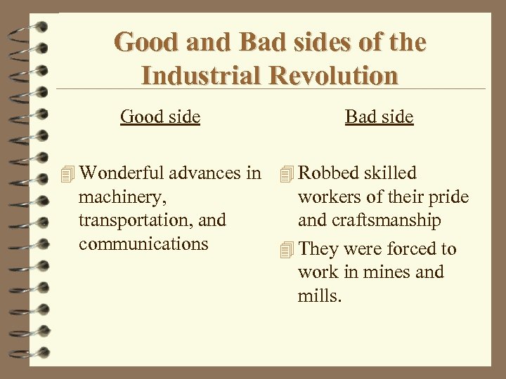 Good and Bad sides of the Industrial Revolution Good side Bad side 4 Wonderful