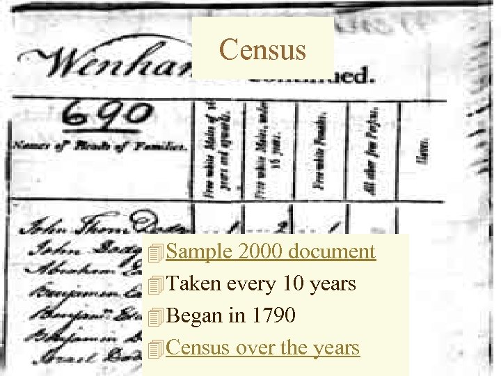 Census 4 Sample 2000 document 4 Taken every 10 years 4 Began in 1790