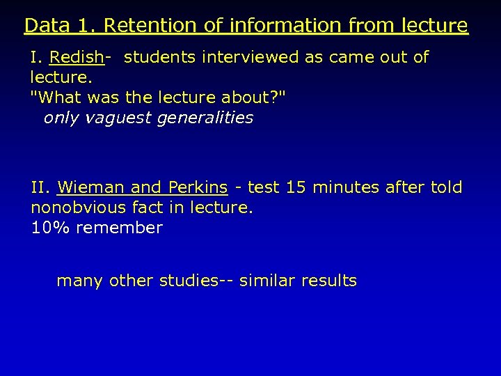 Data 1. Retention of information from lecture I. Redish- students interviewed as came out