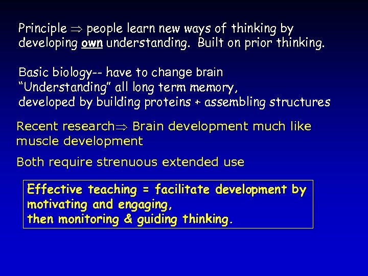 Principle people learn new ways of thinking by developing own understanding. Built on prior