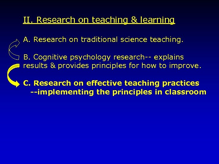 II. Research on teaching & learning A. Research on traditional science teaching. B. Cognitive