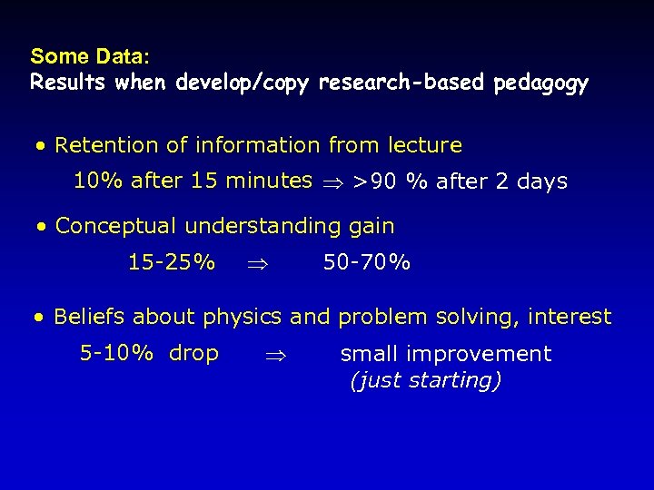 Some Data: Results when develop/copy research-based pedagogy • Retention of information from lecture 10%