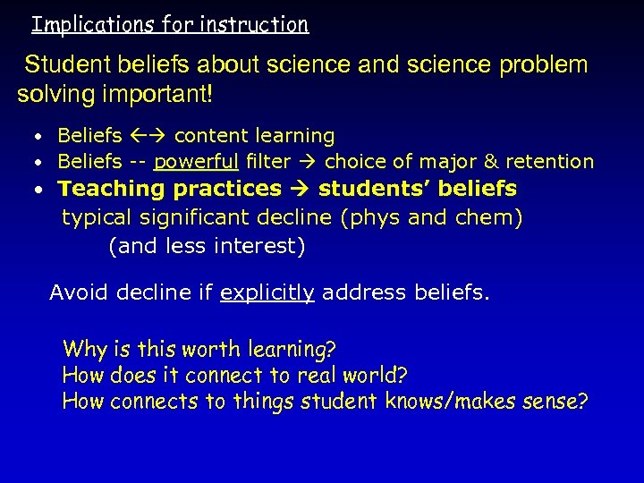 Implications for instruction Student beliefs about science and science problem solving important! • Beliefs