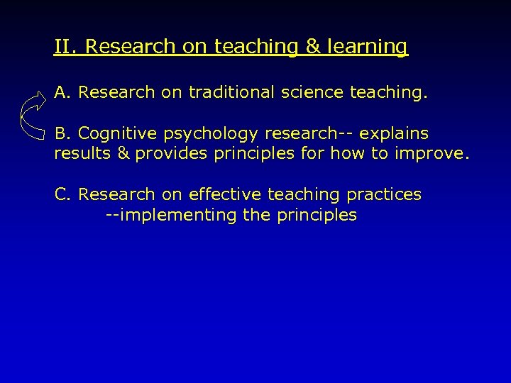 II. Research on teaching & learning A. Research on traditional science teaching. B. Cognitive