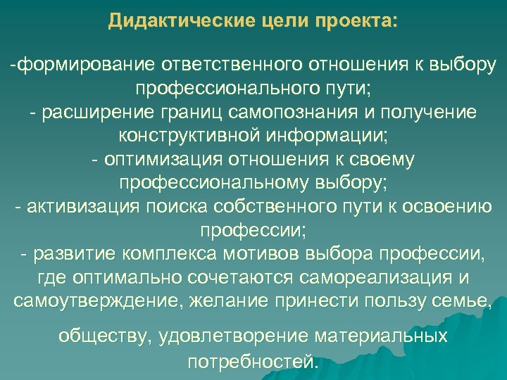 Дидактические цели проекта: -формирование ответственного отношения к выбору профессионального пути; - расширение границ самопознания