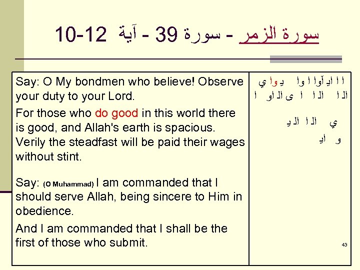 10 -12 ﺳﻮﺭﺓ ﺍﻟﺰﻣﺮ - ﺳﻮﺭﺓ 93 - آﻴﺔ Say: O My bondmen who