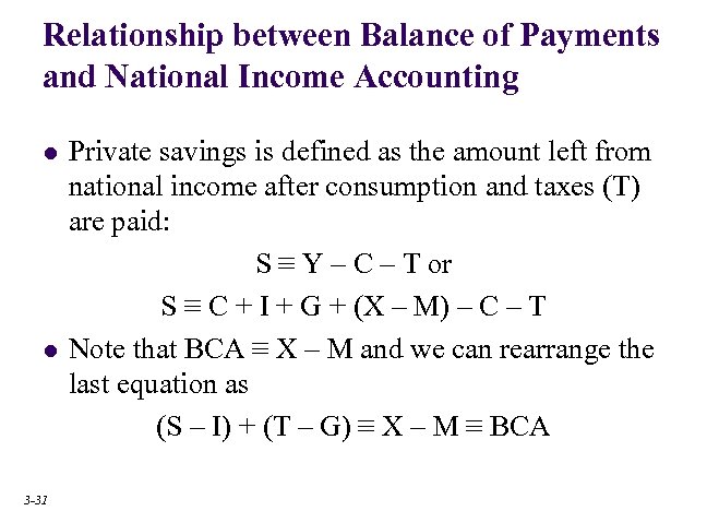 Relationship between Balance of Payments and National Income Accounting l l 3 -31 Private