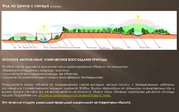 Вид на Центр с запада (разрез) ЭКОЛОГИЯ, МИКРОКЛИМАТ, КОМПЛЕКСНОЕ ВОССОЗДАНИЕ ПРИРОДЫ. Особое место уделяется