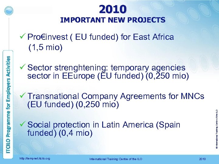 2010 IMPORTANT NEW PROJECTS ü Pro€invest ( EU funded) for East Africa (1, 5