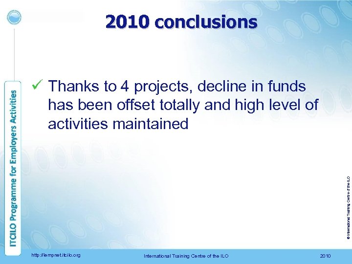 2010 conclusions © International Training Centre of the ILO ü Thanks to 4 projects,