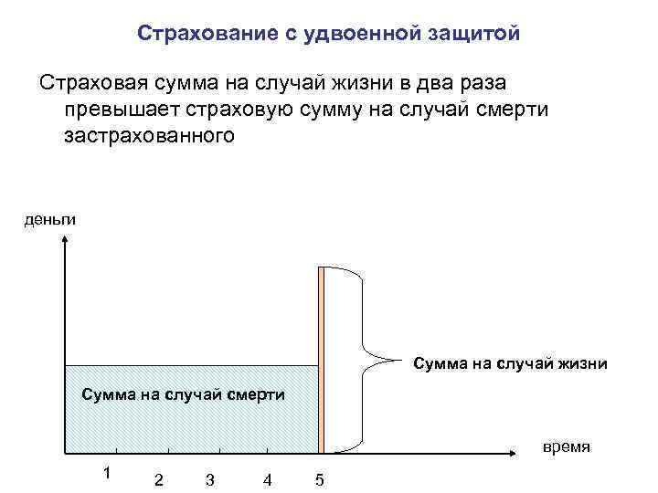 Страхование с удвоенной защитой Страховая сумма на случай жизни в два раза превышает страховую