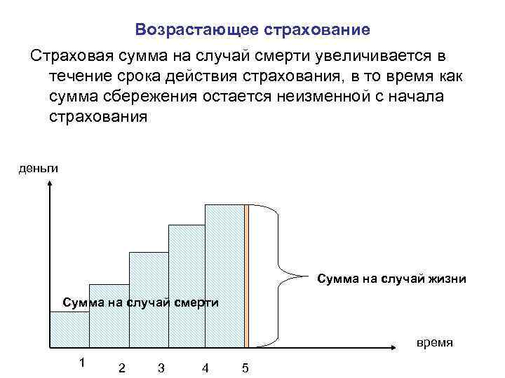 Возрастающее страхование Страховая сумма на случай смерти увеличивается в течение срока действия страхования, в