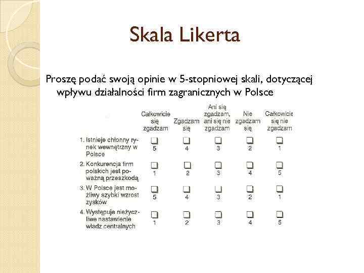 Skala Likerta Proszę podać swoją opinie w 5 -stopniowej skali, dotyczącej wpływu działalności firm