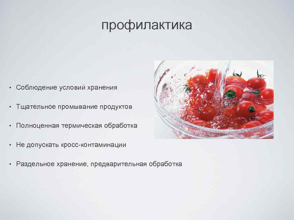 профилактика • Соблюдение условий хранения • Тщательное промывание продуктов • Полноценная термическая обработка •