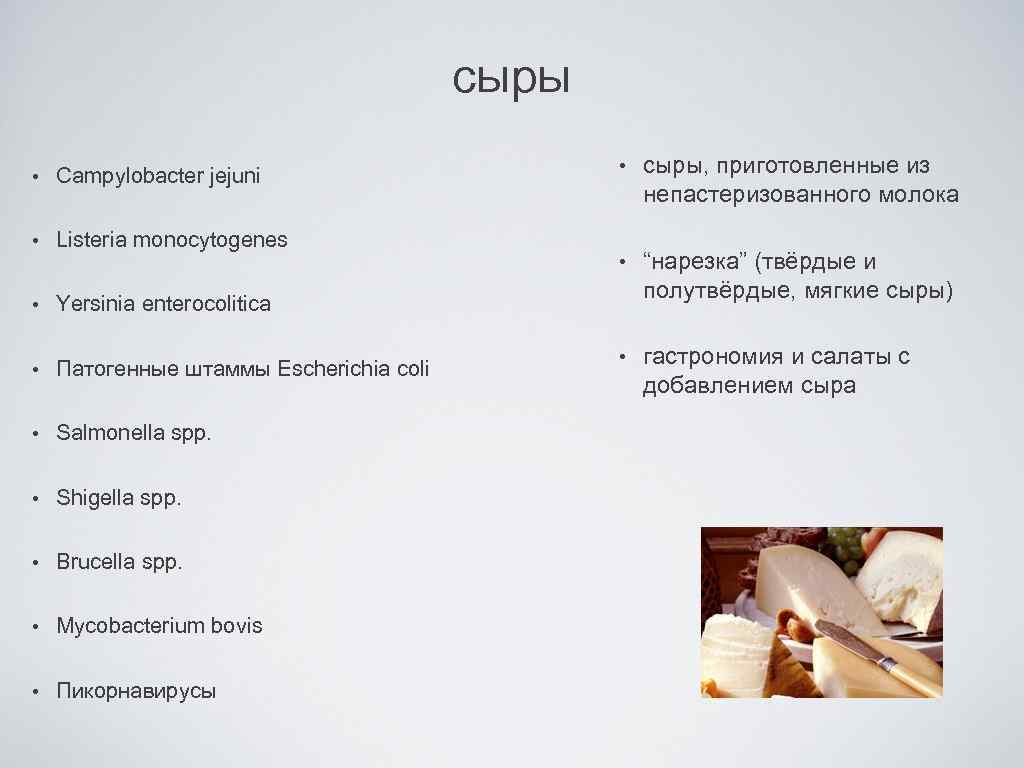 сыры • Campylobacter jejuni • Listeria monocytogenes • Патогенные штаммы Escherichia coli • Salmonella