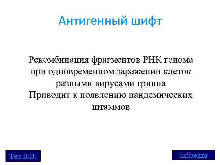 Антигенный шифт Рекомбинация фрагментов РНК генома при одновременном заражении клеток разными вирусами гриппа Приводит