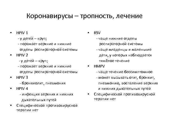 Коронавирусы – тропность, лечение • • • HPIV 1 - у детей – круп;