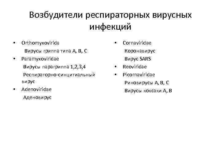 Возбудители респираторных вирусных инфекций • • • Orthomyxovirida Вирусы гриппа типа А, В, C