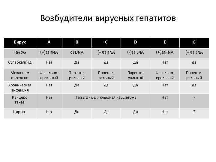 Возбудители вирусных гепатитов Вирус A B C D E G Геном (+)ss. RNA ds.