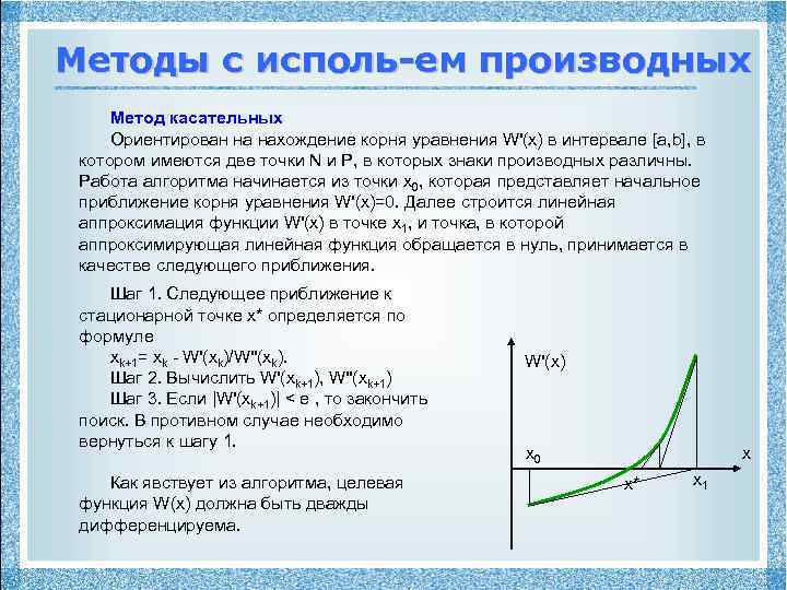 Методы с исполь-ем производных Метод касательных Ориентирован на нахождение корня уравнения W'(x) в интервале