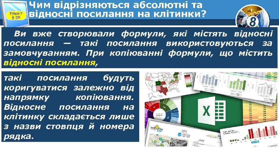 Розділ 7 § 29 Чим відрізняються абсолютні та відносні посилання на клітинки? 8 Ви