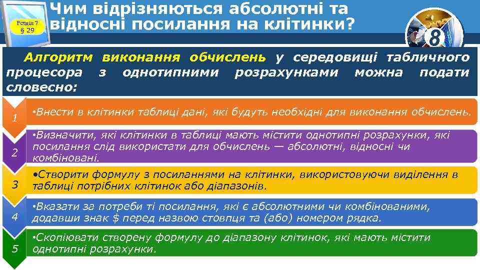 Розділ 7 § 29 Чим відрізняються абсолютні та відносні посилання на клітинки? 8 Алгоритм