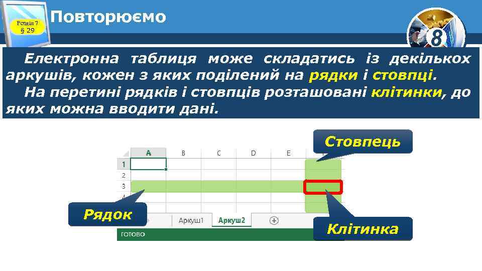 Розділ 7 § 29 Повторюємо 8 Електронна таблиця може складатись із декількох аркушів, кожен