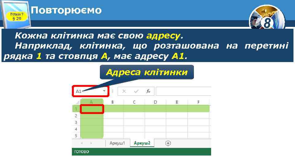 Розділ 7 § 29 Повторюємо 8 Кожна клітинка має свою адресу. Наприклад, клітинка, що