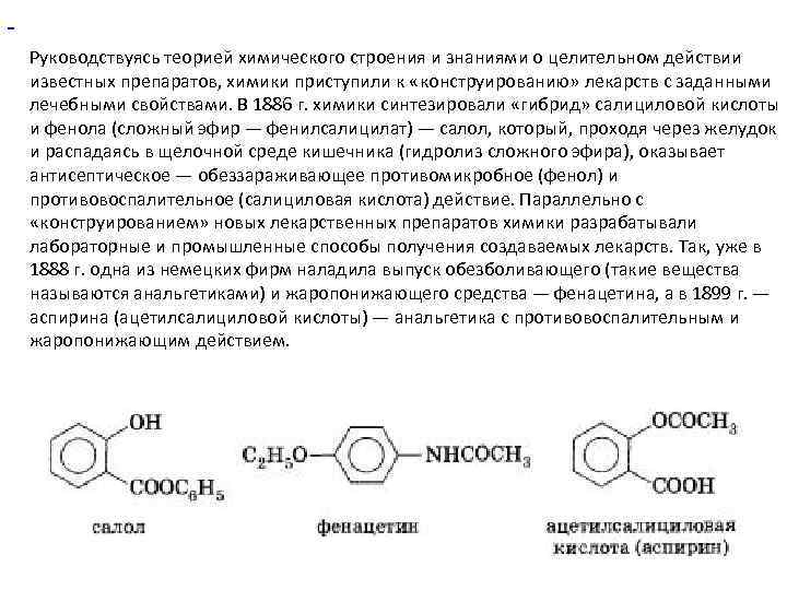 Руководствуясь теорией химического строения и знаниями о целительном действии известных препаратов, химики приступили к