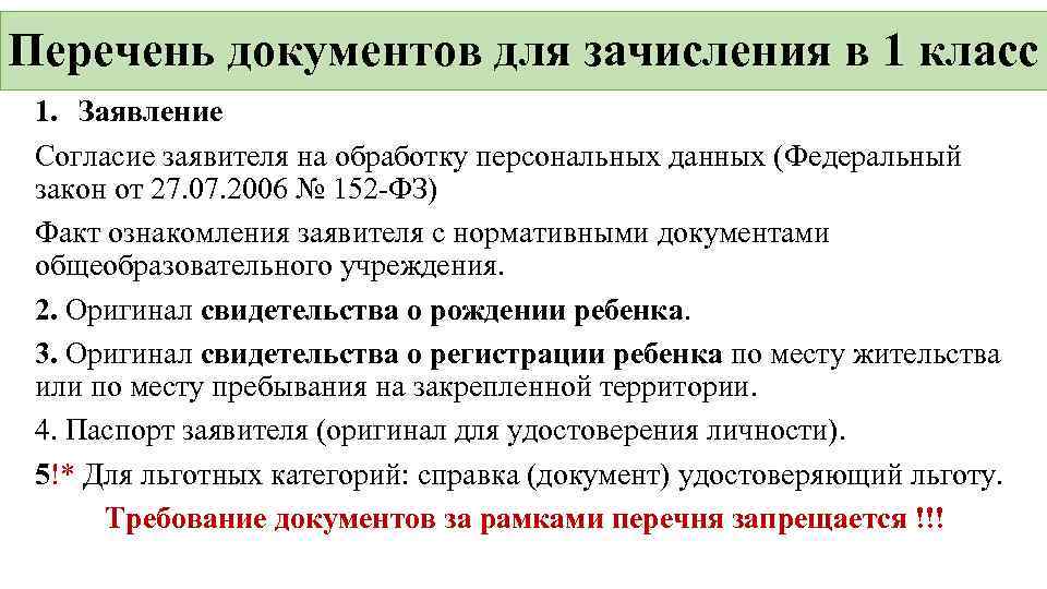 Перечень документов для зачисления в 1 класс 1. Заявление Согласие заявителя на обработку персональных