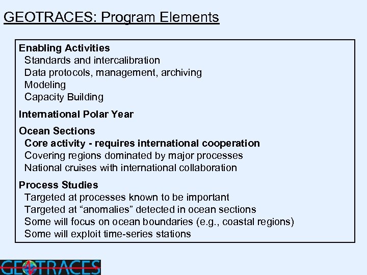 GEOTRACES: Program Elements Enabling Activities Standards and intercalibration Data protocols, management, archiving Modeling Capacity