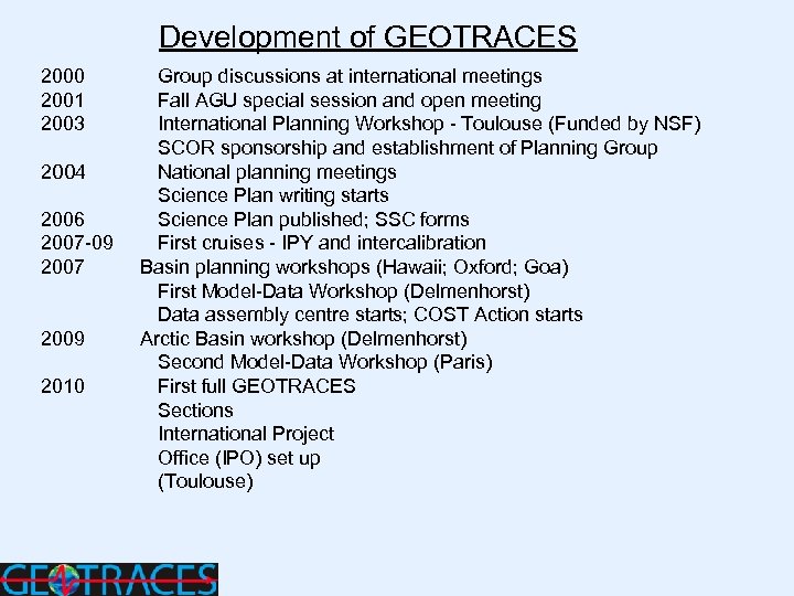 Development of GEOTRACES 2000 2001 2003 2004 2006 2007 -09 2007 2009 2010 Timeline