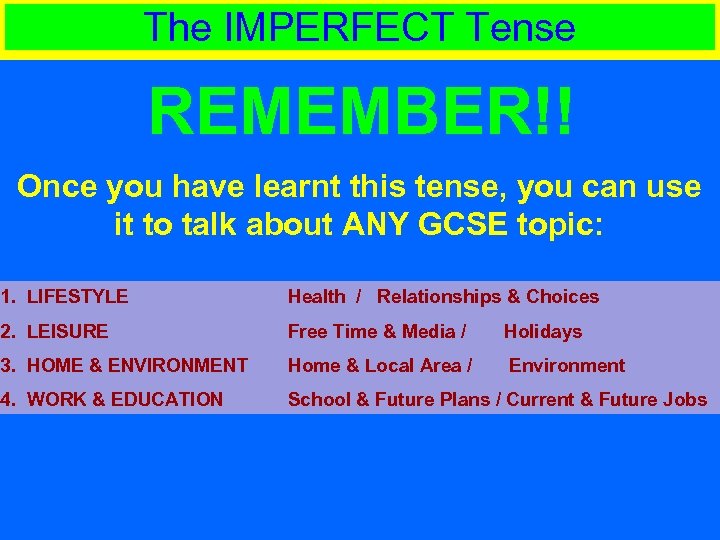 The IMPERFECT Tense REMEMBER!! Once you have learnt this tense, you can use it