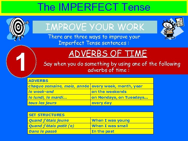 The IMPERFECT Tense IMPROVE YOUR WORK There are three ways to improve your Imperfect