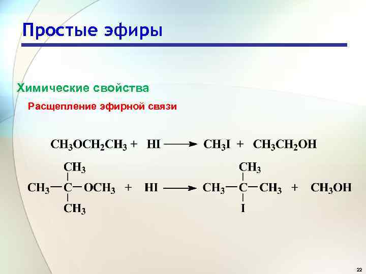 Простые эфиры Химические свойства Расщепление эфирной связи 22 