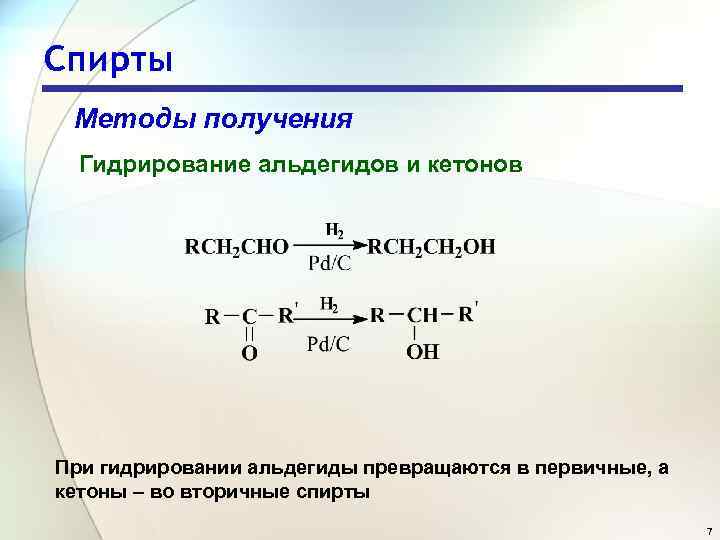 Спирты Методы получения Гидрирование альдегидов и кетонов При гидрировании альдегиды превращаются в первичные, а