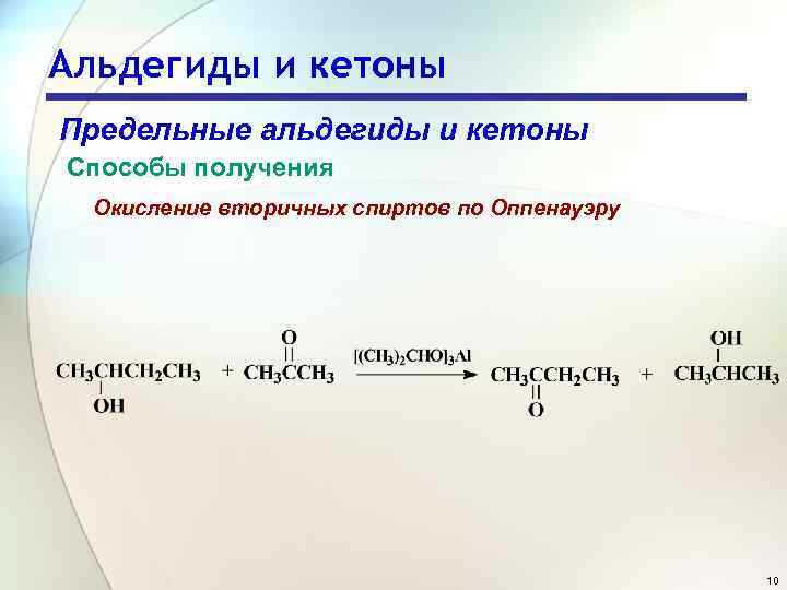 Альдегиды и кетоны Предельные альдегиды и кетоны Способы получения Окисление вторичных спиртов по Оппенауэру