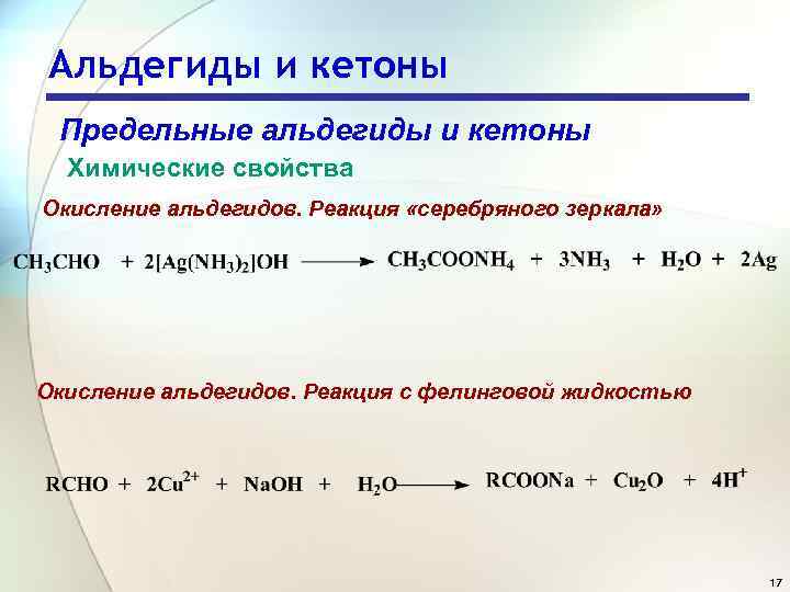 Альдегиды и кетоны Предельные альдегиды и кетоны Химические свойства Окисление альдегидов. Реакция «серебряного зеркала»