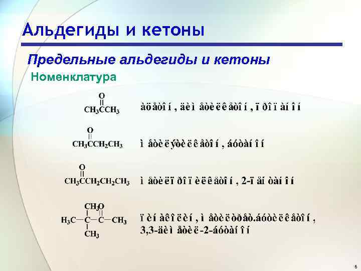 Альдегиды и кетоны Предельные альдегиды и кетоны Номенклатура 6 