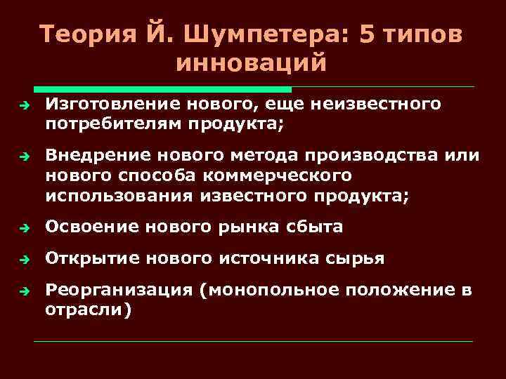 Теория Й. Шумпетера: 5 типов инноваций è è Изготовление нового, еще неизвестного потребителям продукта;
