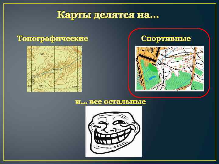 Карты делятся на… Топографические Спортивные и… все остальные 