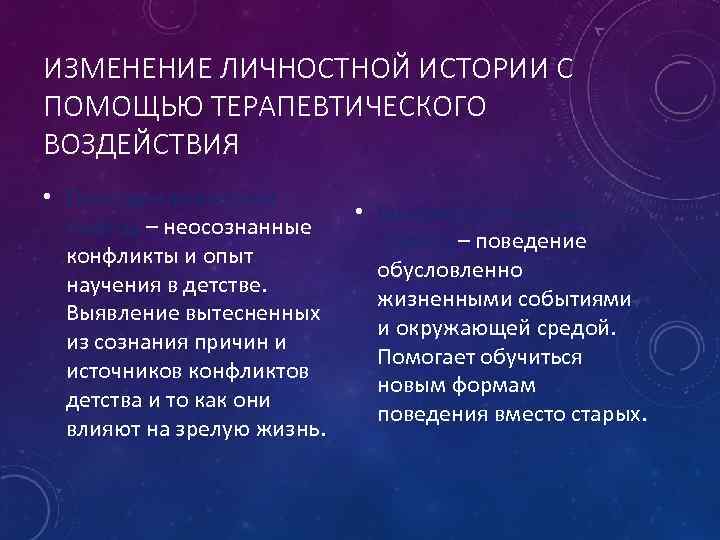 ИЗМЕНЕНИЕ ЛИЧНОСТНОЙ ИСТОРИИ С ПОМОЩЬЮ ТЕРАПЕВТИЧЕСКОГО ВОЗДЕЙСТВИЯ • Психодинамический подход – неосознанные конфликты и